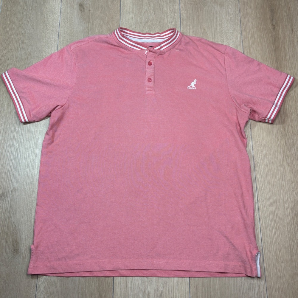 Kangol Original Mens XL Salmon Pink Striped Mandarin Collar Pique Polo Shirt